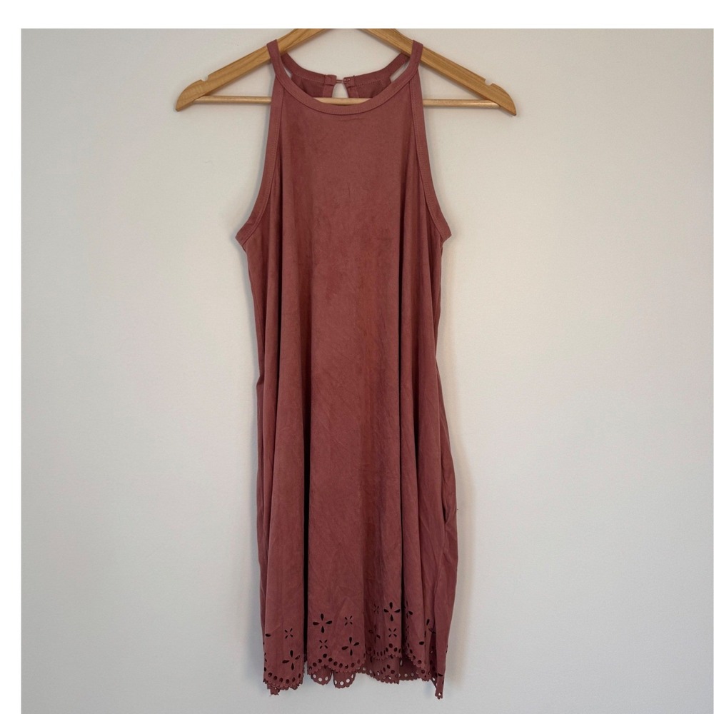 Western Boho Alya Faux Suede Laser Cut Shift‎ Dress Womens XS Mauve Pink